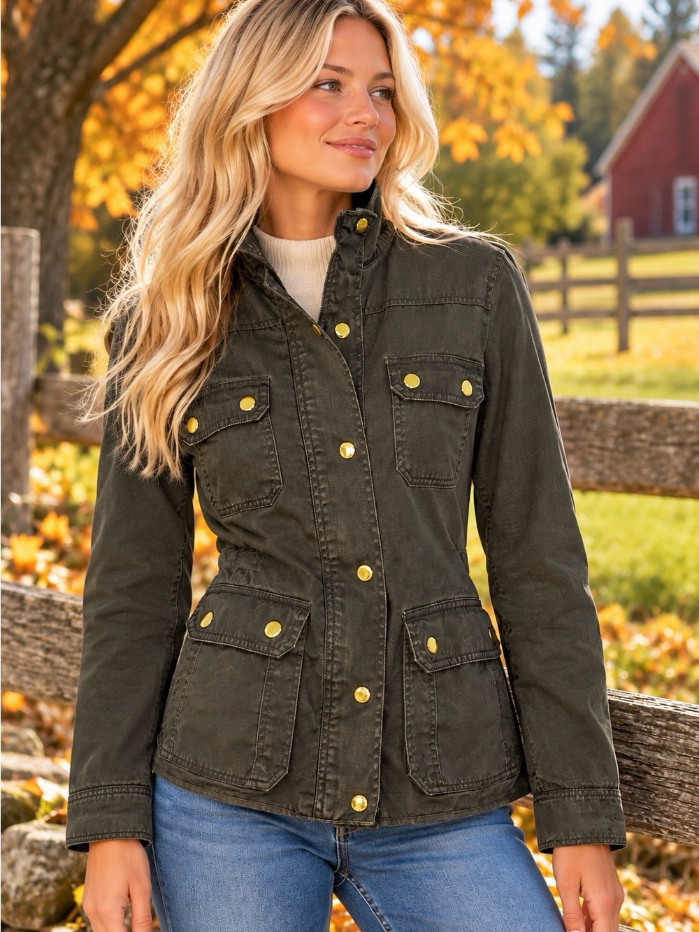 J.Crew Womens M Olive Utility Field Jacket Gold Buttons Military Safari Cotton